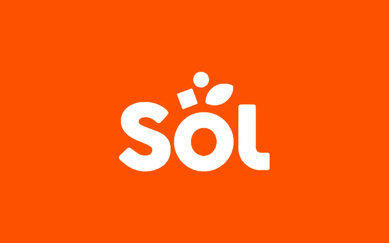 The SOL wordmark in white on a solid orange background: bold rounded letters S, O and L, with a small crown motif above the O